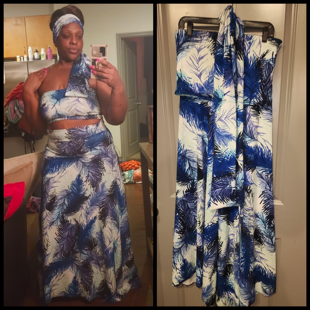 Tropical Blue and White Leaf Print Women's Skirt Set